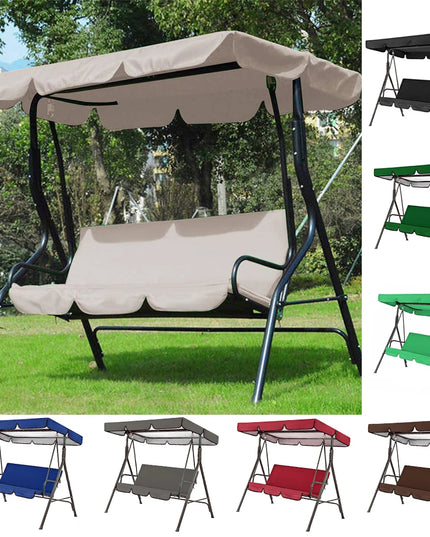 Outdoor swing chair with canopy in a park setting, shown in various color options.