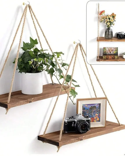 Hanging wooden shelf with white painted wall background 