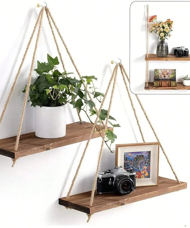 Hanging wooden shelf with white painted wall background 