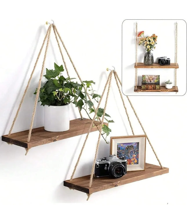 Hanging wooden shelf with white painted wall background 