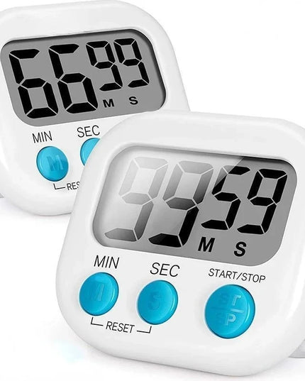 Two digital timers with blue buttons on a white background