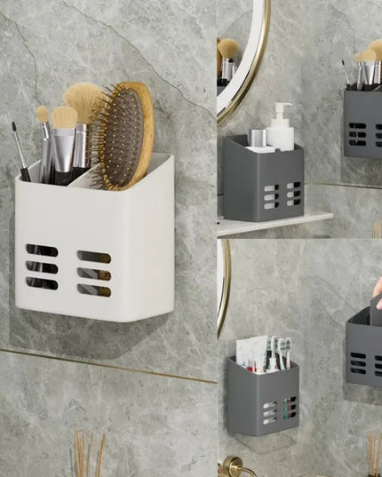 Wall-mounted storage baskets in a bathroom setting with various items.
