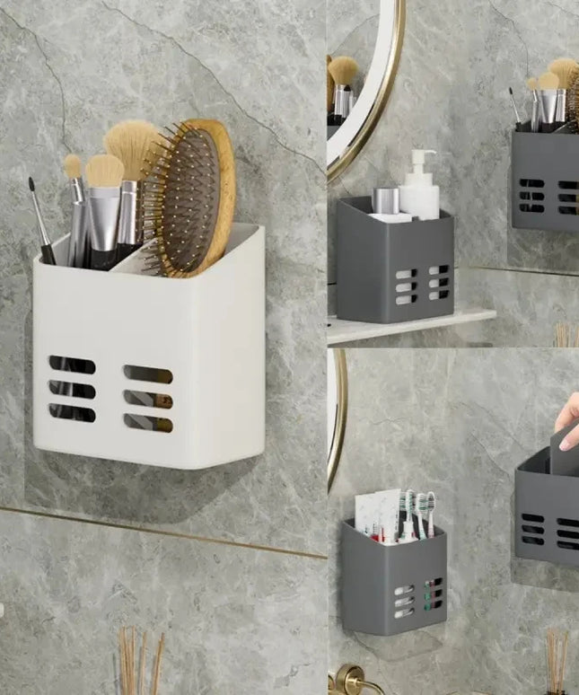Wall-mounted storage baskets in a bathroom setting with various items.