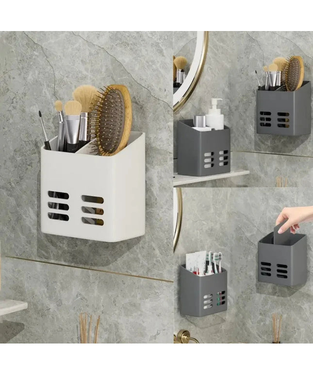 Wall-mounted storage baskets in a bathroom setting with various items.