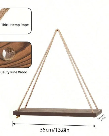 1PC Wooden swing hanging hemp rope wall shelf