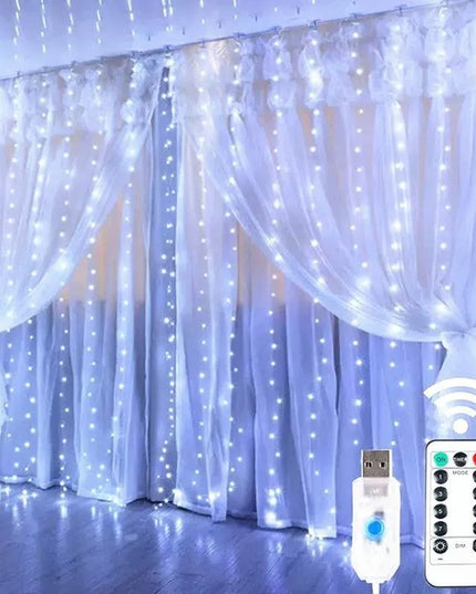 String lights with remote control on a curtain backdrop