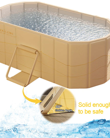 Beige above-ground pool with a cleaning tool on a white background