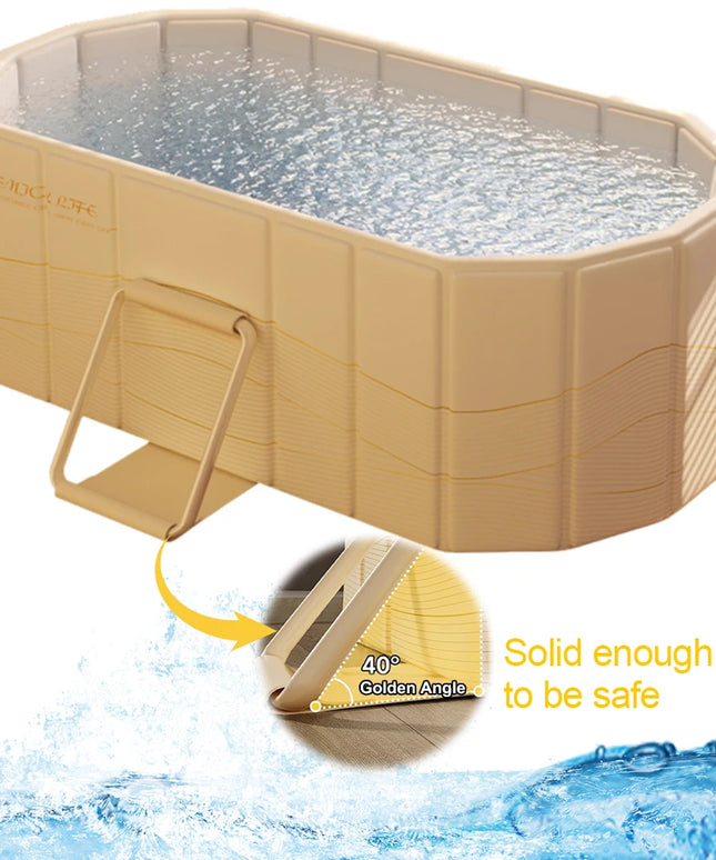 Beige above-ground pool with a cleaning tool on a white background