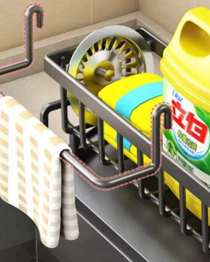 Compact tap-mounted sink organiser with drainage rack