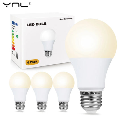 Set of LED bulbs with packaging labeled '4 Pack' on a white background