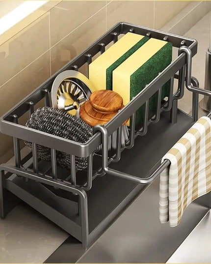Compact tap-mounted sink organiser with drainage rack