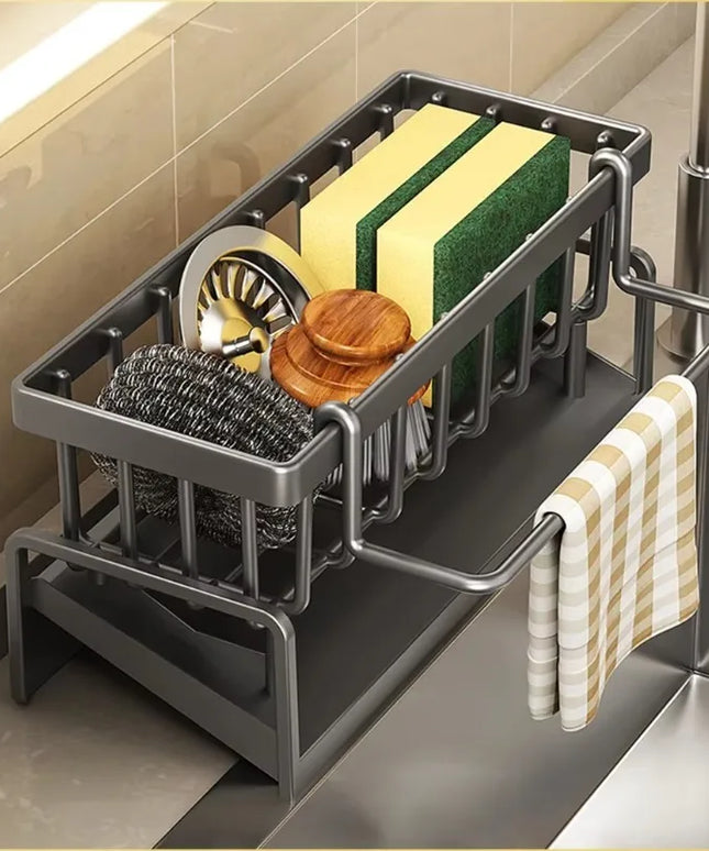 Compact tap-mounted sink organiser with drainage rack
