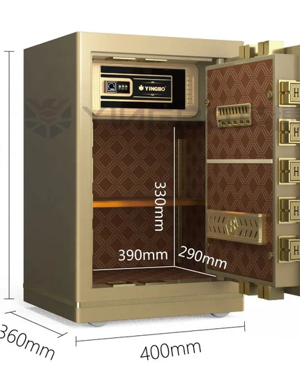 Gold and brown safe with open door, dimensions indicated, on a white background