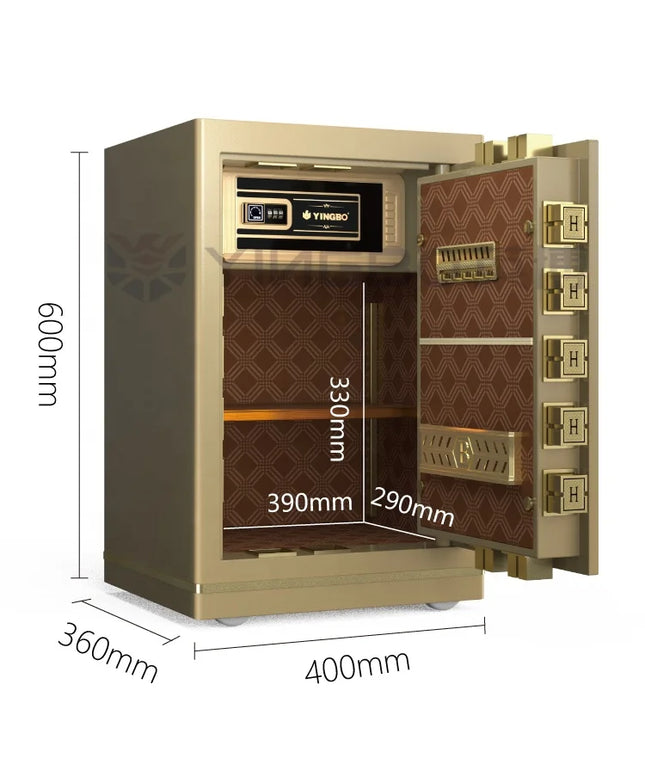 Gold and brown safe with open door, dimensions indicated, on a white background