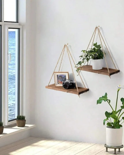1PC Wooden swing hanging hemp rope wall shelf
