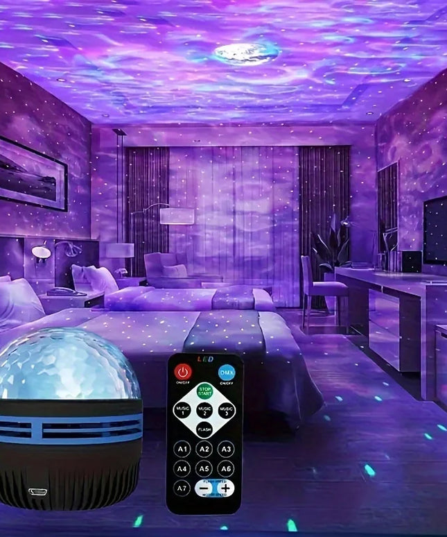 Room with purple lighting effects, including a starry night light and remote control.
