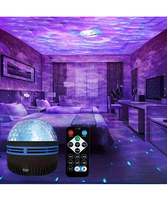 Room with purple lighting effects, including a starry night light and remote control.