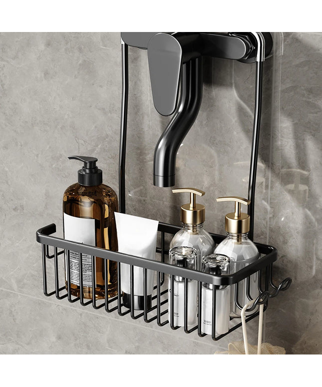 Bathroom shelf with toiletries against a tiled wall