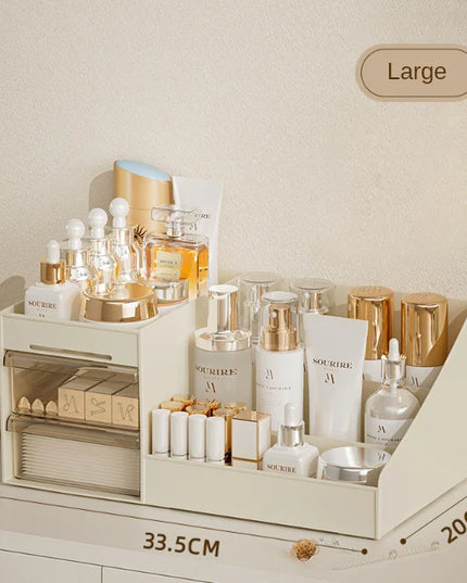 Cosmetic organizer with various skincare products on a neutral background