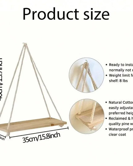 1PC Wooden swing hanging hemp rope wall shelf