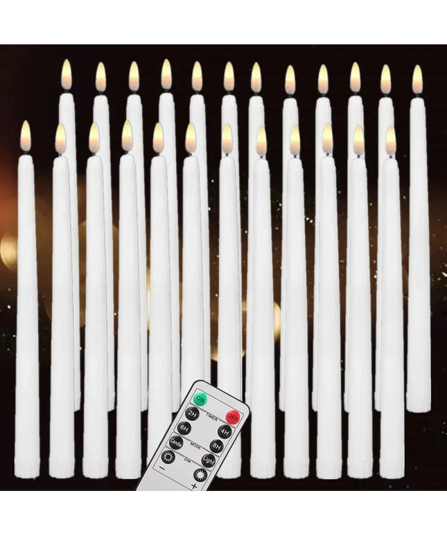Set of white LED candles with a remote control on a dark background