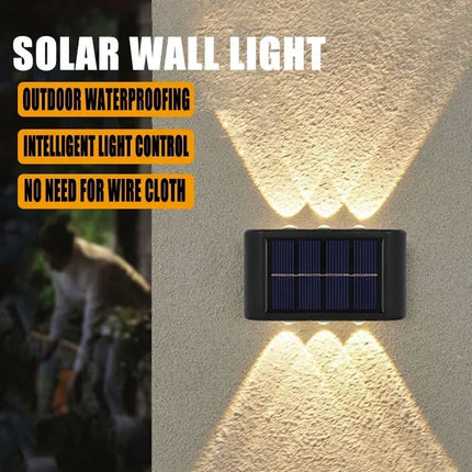 Solar wall light attached to a wall with text highlighting features.