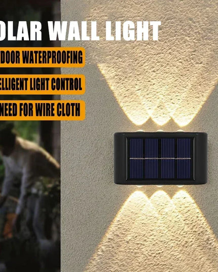 Solar wall light attached to a wall with text highlighting features.