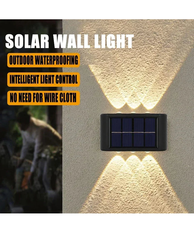 Solar wall light attached to a wall with text highlighting features.