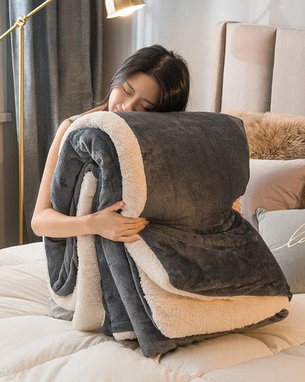 Person holding a plush gray and beige blanket in a bedroom setting.