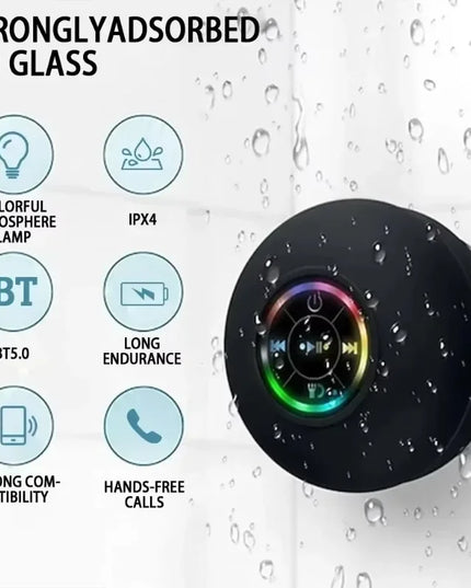 Black smart shower head with colorful display on a wet glass background, featuring various product features.