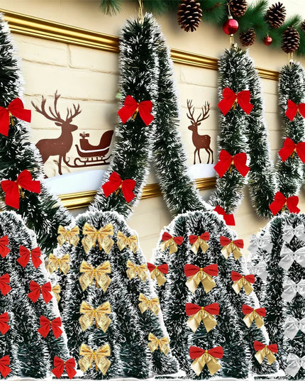 Decorative Christmas garlands with red and gold bows on a festive background.