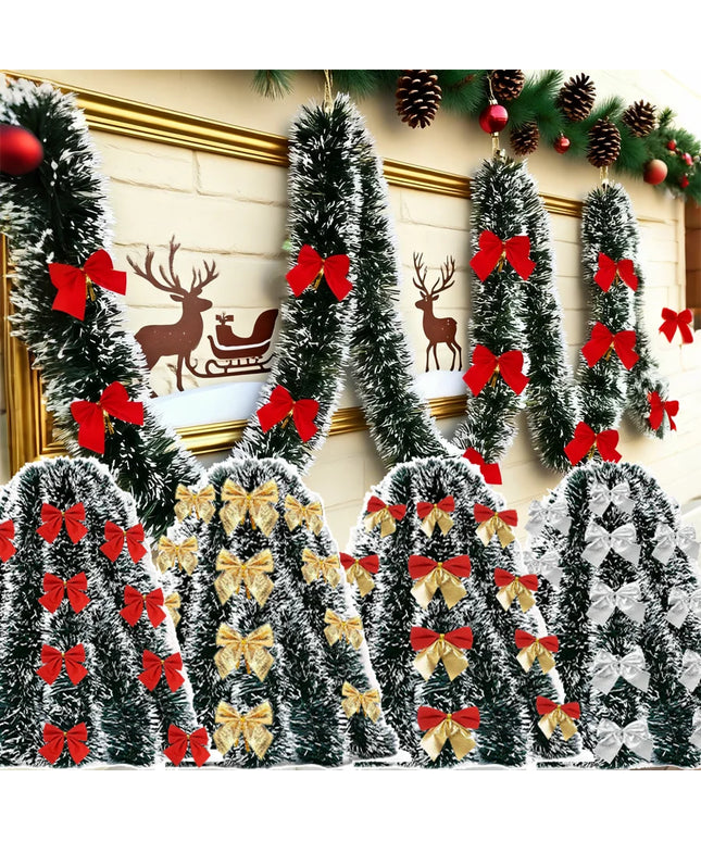 Decorative Christmas garlands with red and gold bows on a festive background.