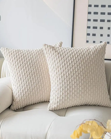 Two textured pillows on a white sofa with a decorative plant in the corner.