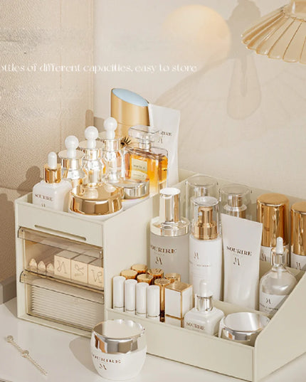 Cosmetic organiser on a desktop with a lamp and wall in background 