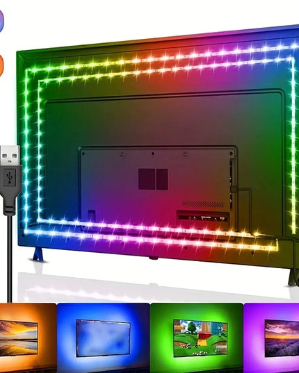 TV with RGB LED strip light and USB control cable on a white background