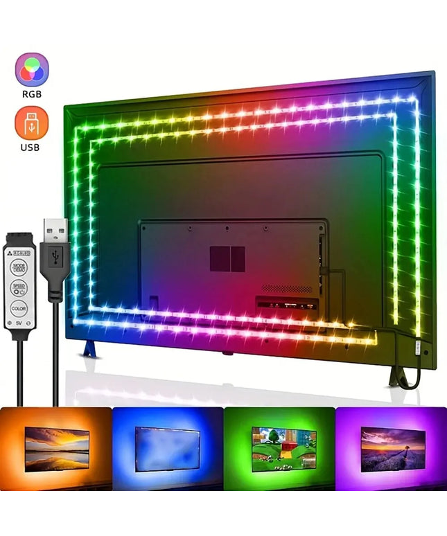 TV with RGB LED strip light and USB control cable on a white background