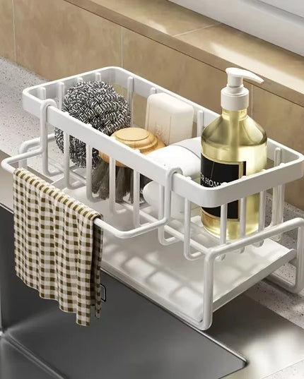 Compact tap-mounted sink organiser with drainage rack