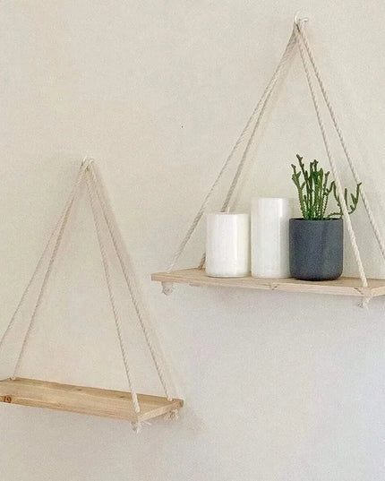 1PC Wooden swing hanging hemp rope wall shelf