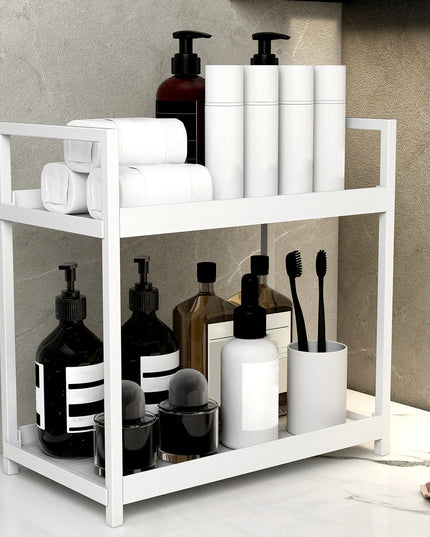 White bathroom shelf with toiletries against a neutral wall