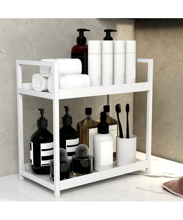 White bathroom shelf with toiletries against a neutral wall