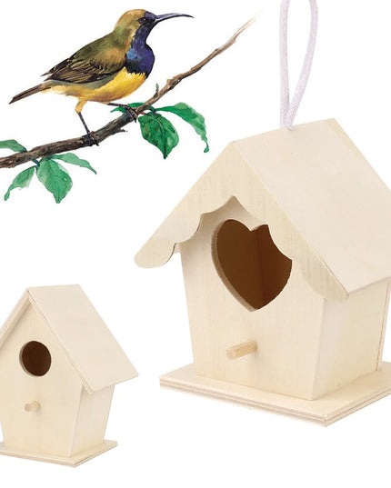 Two wooden birdhouses with a bird perched on a branch with leaves.