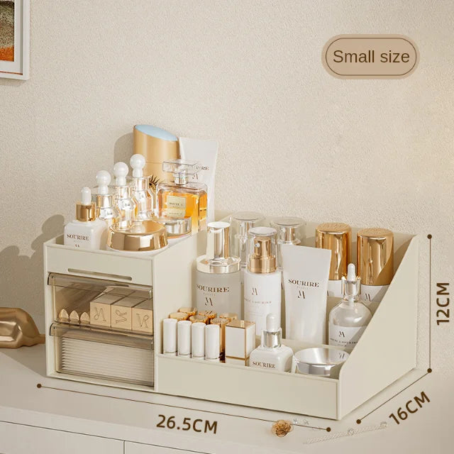 Cosmetic organizer with skincare products on a neutral background, showing dimensions.