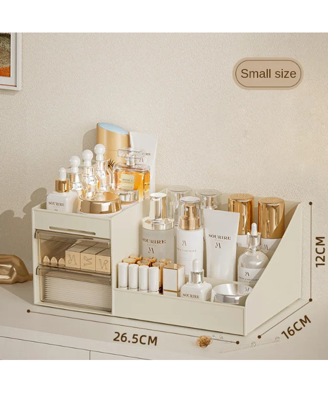Cosmetic organizer with skincare products on a neutral background, showing dimensions.