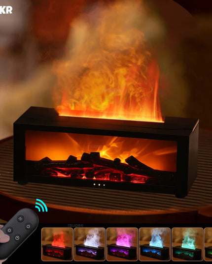 Electric fireplace with glowing logs and flames, featuring a remote control and color-changing lights.