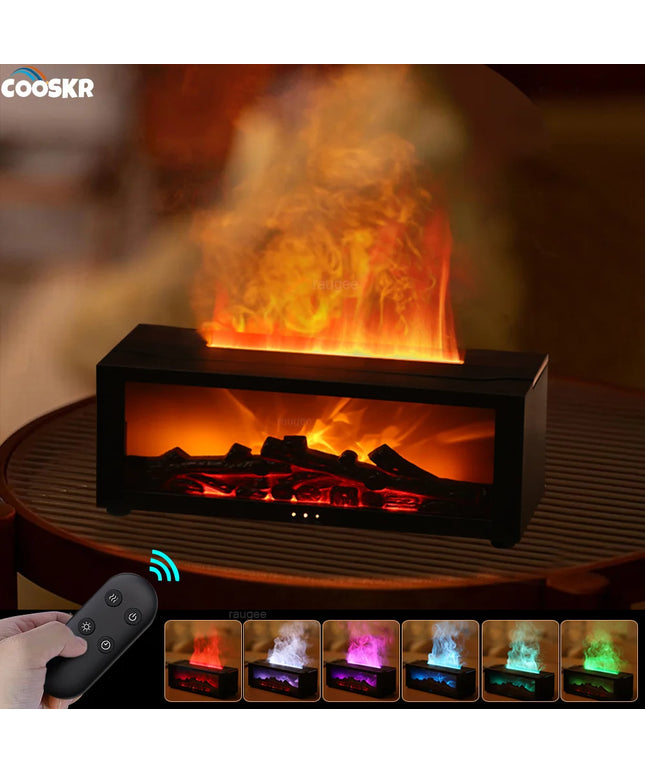 Electric fireplace with glowing logs and flames, featuring a remote control and color-changing lights.
