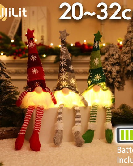 Three illuminated Christmas gnomes with festive hats and striped socks on a snowy background, featuring Allilot branding.