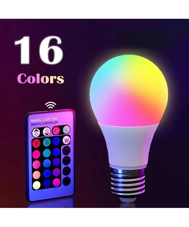 Color-changing LED bulb with remote control on a dark background