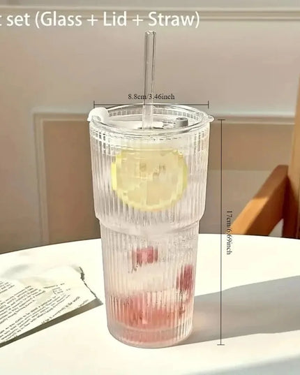 600ml Stripe glass cup with lid and straw