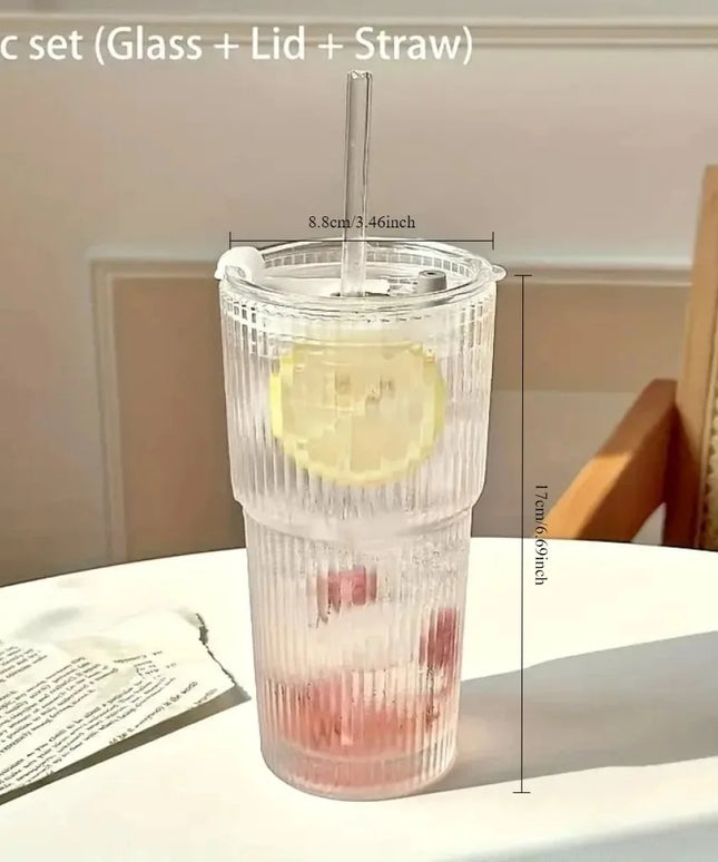 600ml Stripe glass cup with lid and straw